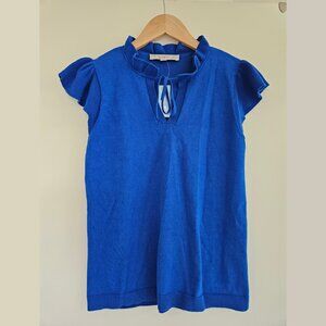 LOFT Blue Knit Ruffle Flutter Sleeve Tie Neck Smock Top, sz XXS petite - NWT